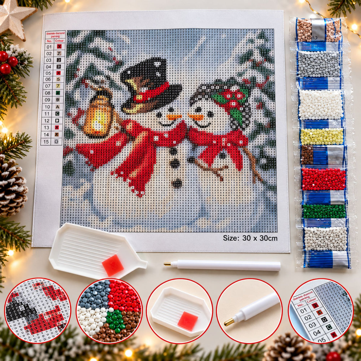 Diamond painting Sneeuwpoppen - 30 x 30 cm - Ronde steentjes