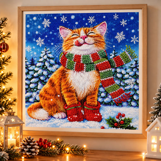 Diamond painting Kerst kat - 20 x 20 cm - Ronde steentjes