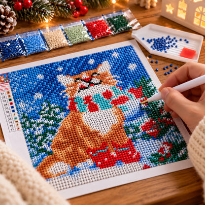 Diamond painting Kerst kat - 20 x 20 cm - Ronde steentjes
