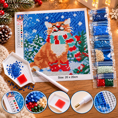 Diamond painting Kerst kat - 20 x 20 cm - Ronde steentjes