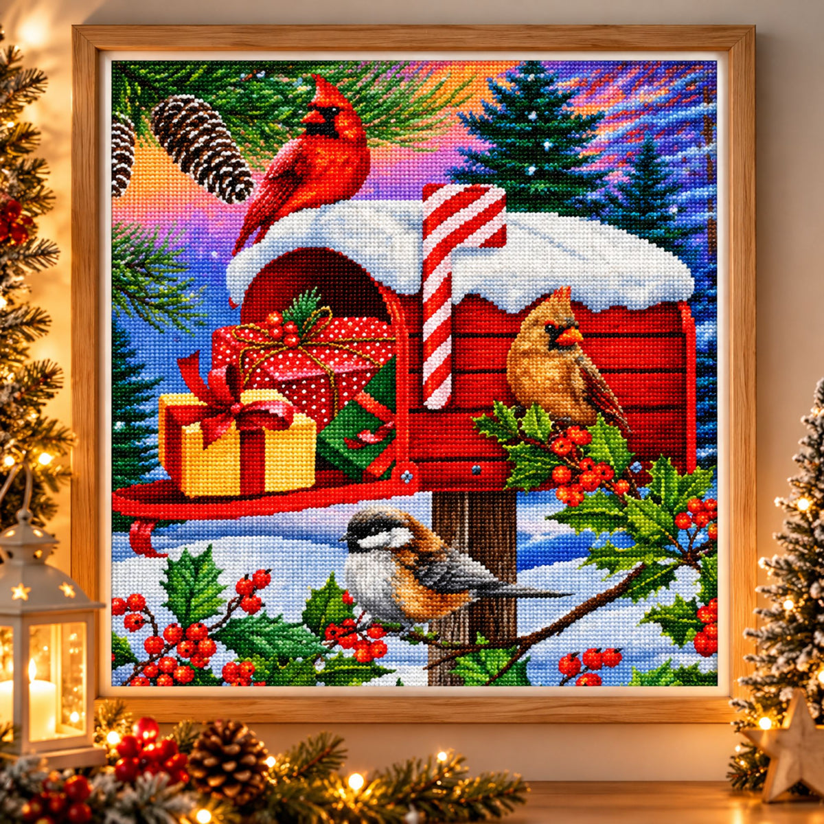 Diamond painting Brievenbus in de sneeuw - 20 x 20 cm - Ronde steentjes