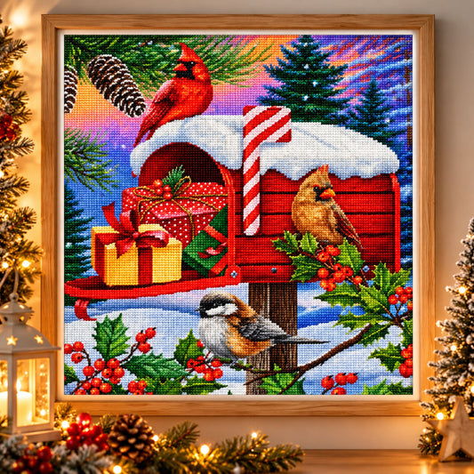 Diamond painting Brievenbus in de sneeuw - 20 x 20 cm - Ronde steentjes