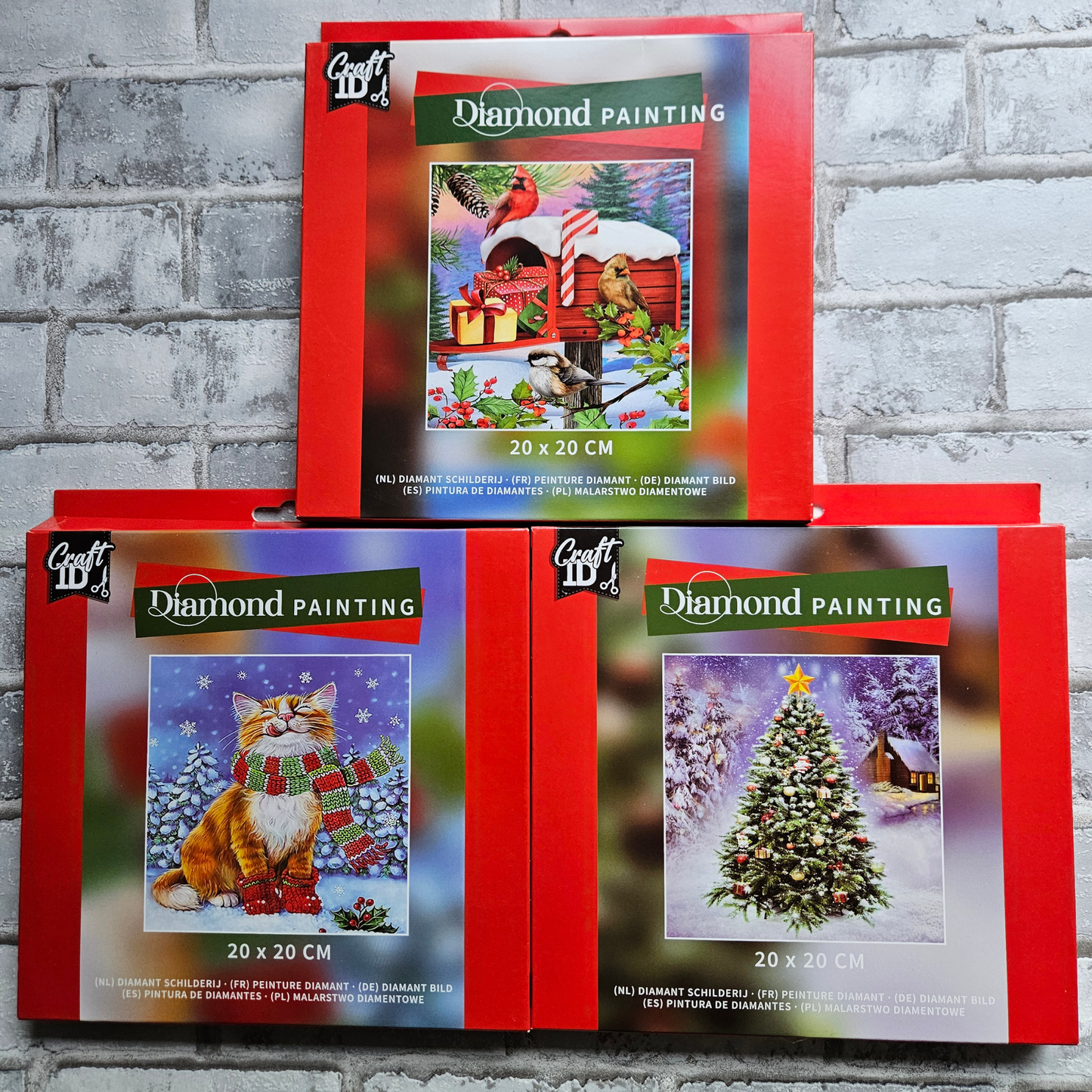 Diamond painting kerst bundel - 3 x 20x20 canvas - brievenbus, kat en kerstboom