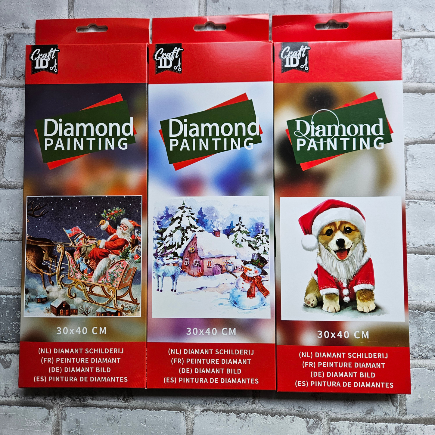 Diamond painting kerst bundel - 3 x 30x40 canvas - Hondje, Slee en dorpje