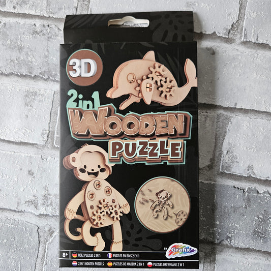 2 in 1 houten puzzel - Aap en dolfijn