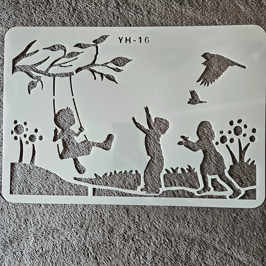 Hobby stencil - Scene Spelende kinderen- A4 - Hobby en meer  