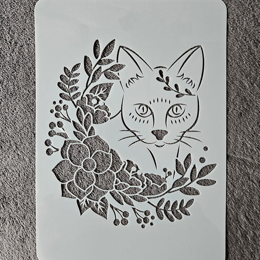 Hobby stencil Kat met bloemen - A4 - Hobby en meer  