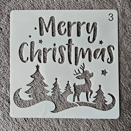 Hobby stencil Kerst - Merry Christmas Rudolf in het bos - 15x15 cm - Hobby en meer  