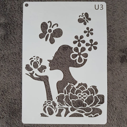 Hobby stencil Vrouw met bloemen - A5 - Hobby en meer  