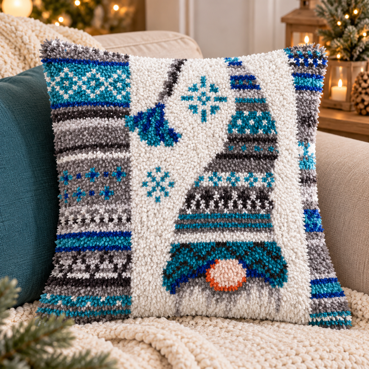 Latch Hook Kussen Gnome Blauw - 43x43 cm – Compleet DIY Pakket