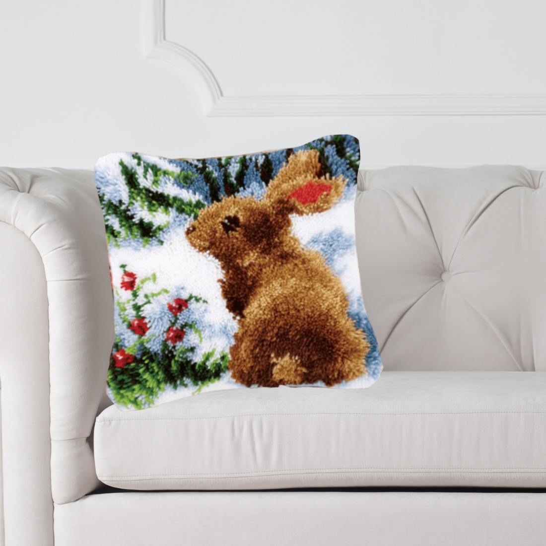 Latch hook kussen Konijntje in de sneeuw - 43 x 43 cm - Hobby en meer  