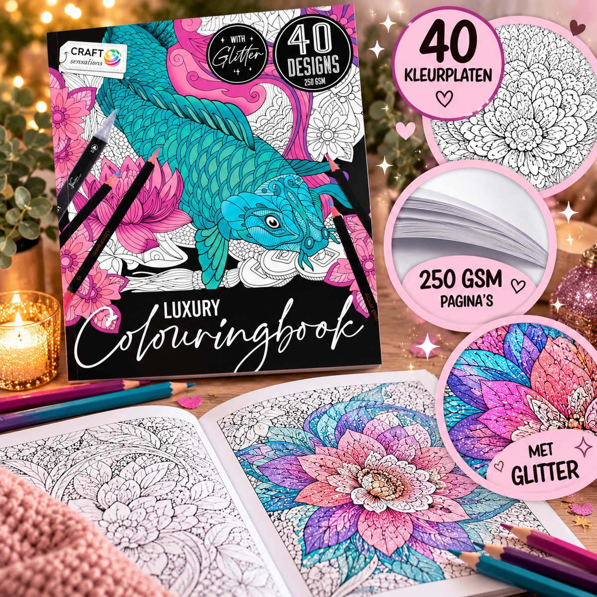 Luxury colouringbook met glitter - 40 designs - 250 gsm