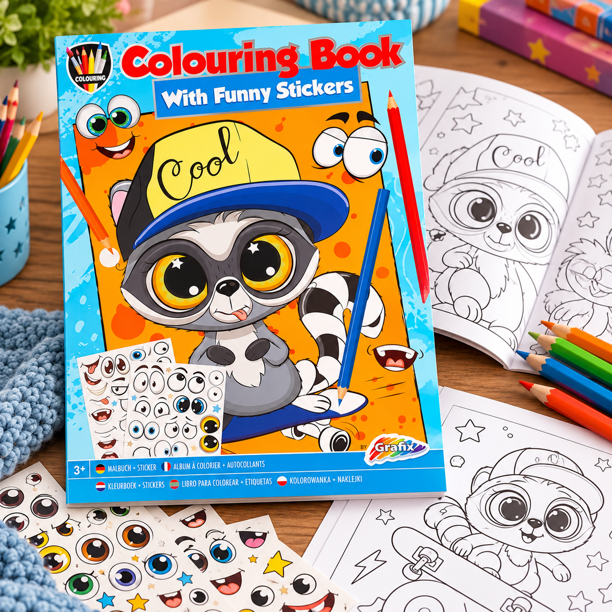 Kleurboek met Grappige ogen stickers (blauw)