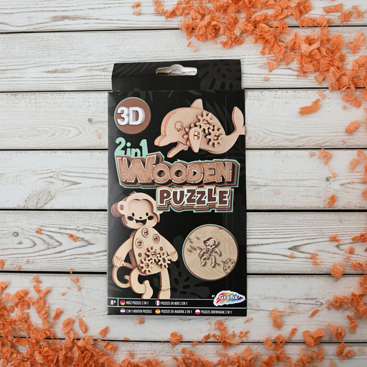 2 in 1 houten puzzel - Aap en dolfijn